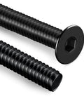 Three Eighth Inch Flat Head Socket Cap Screws Size Eight By Thirty Two Thread Full Thread Stainless Steel 304 With Black Zinc Finish Countersunk Bolts Pack Of One Hundred Hex Wrench Included, close-up view of black zinc finish screws
