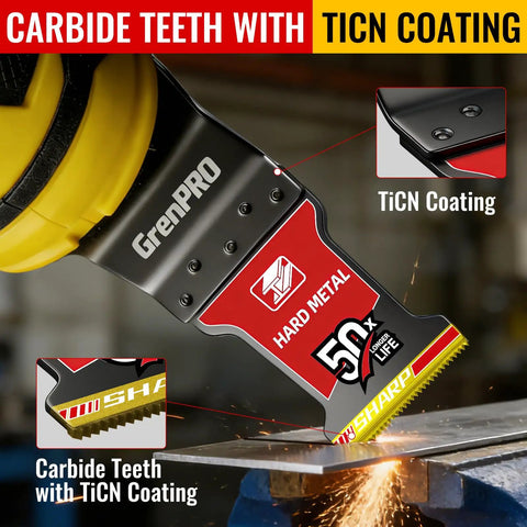 Game Changing TiCN Carbide Oscillating Saw Blades 3 Pack showing carbide teeth with TiCN coating, ideal for heavy-duty cutting.