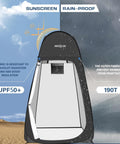 Portable Pop Up Shower Tent With Instant Privacy Dressing Room showing UPF 50+ protection and rainproof 190T material.