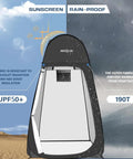 Easy Pop Up Privacy Shower Tent For Camping showing sunscreen and rain-proof features with UPF 50+ and 190T fabric.