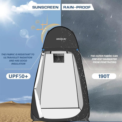 Easy Pop Up Privacy Shower Tent For Camping showing sunscreen and rain-proof features with UPF 50+ and 190T fabric.