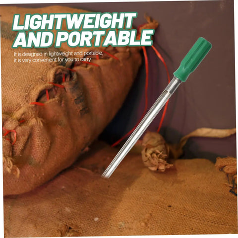 Stainless Steel Grain Sampler Tool With Handy Handle Compact Probe for efficient corn, rice, and wheat sampling, on burlap sacks background.