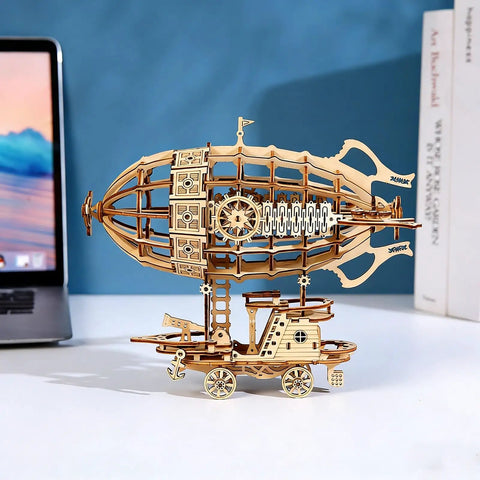3D Wooden Airship Puzzle for Grown-Ups and Kids DIY Model Kit Brain Teaser with Laser Cut Plywood Craftsmanship displayed on desk