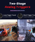 Aurora II 2.4G Wireless Bluetooth Controller with two-stage analog triggers, shown with racing and shooting games.