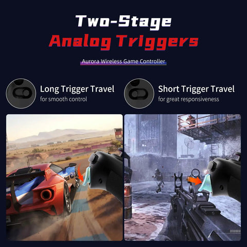 Aurora II 2.4G Wireless Bluetooth Controller with two-stage analog triggers, shown with racing and shooting games.