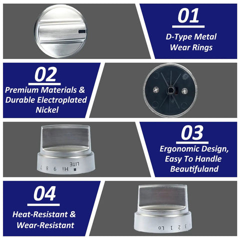 5 Piece Upgraded Gas Stove Knob Replacement Set Wb03x24818 Stainless Steel With D Shape Connector shown from various angles