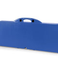 Royal Blue Folding Picnic Table With Benches For Four, Portable Camping Outdoor Table With Umbrella Hole, folded for transport.