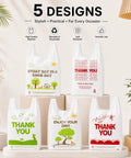 White Thank You Plastic Grocery Bags 11 By 6 By 21 Inches 100 Pack Reusable And Disposable Supermarket Bags with five designs.
