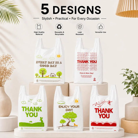 White Thank You Plastic Grocery Bags 11 By 6 By 21 Inches 100 Pack Reusable And Disposable Supermarket Bags with five designs.