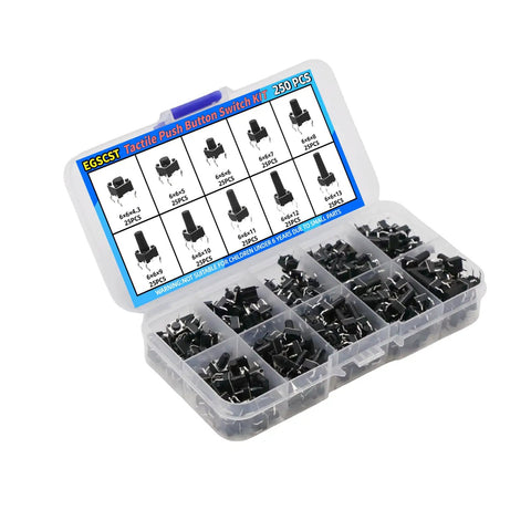 250 Piece 10 Value 6x6mm Tactile Push Button Switch Kit For Arduino And Breadboard Projects in a plastic organizer case