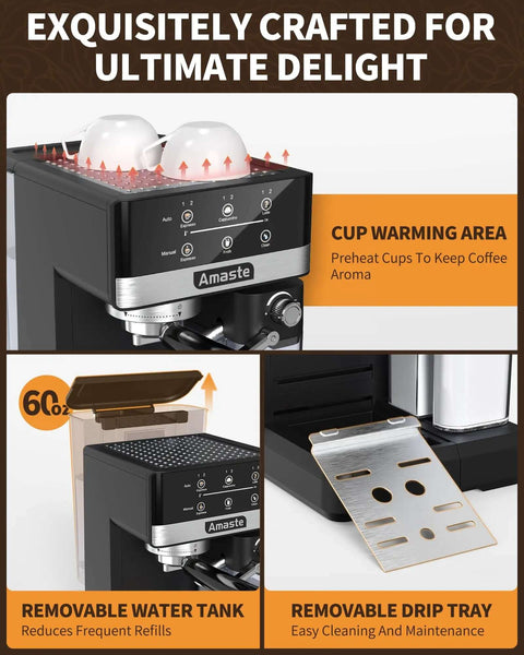 Front view of 20 Bar Espresso Machine With Touch Screen And Automatic Milk Frother 3-In-1 Latte Maker showing cup warming area.