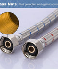 Built Tough Braided Stainless Steel Faucet Supply Lines Twenty Inch Length With Half Inch Female Iron Pipe Connectors close-up of brass nuts.