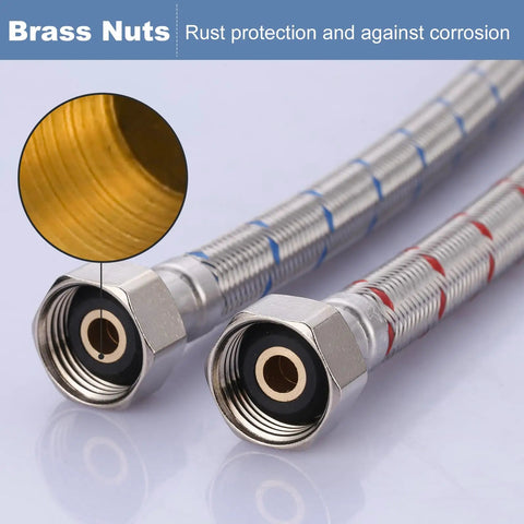 Built Tough Braided Stainless Steel Faucet Supply Lines Twenty Inch Length With Half Inch Female Iron Pipe Connectors close-up of brass nuts.