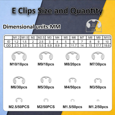E clips size and quantity chart from 850 Pieces C Clip And E Clip Retaining Rings Set With Snap Ring Pliers And Tweezers In 24 Sizes Stainless Steel 304 For Auto Repair Machinery And DIY Projects Ideal For Quick Fixes
