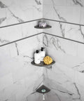8 Inch Corner Shower Shelf Retrofit Organizer For Tile Walls With Corner Caddy Soap Dish Bathroom Storage shown in modern white tile