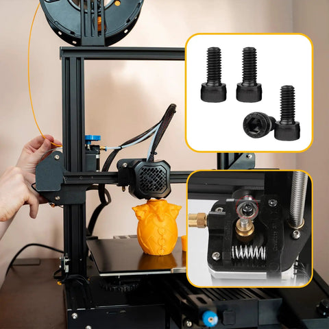 3D printer with close-up insets of hex socket head cap screws, 765 Piece M3 Screws Bolts Nuts Assortment Kit with Washers.