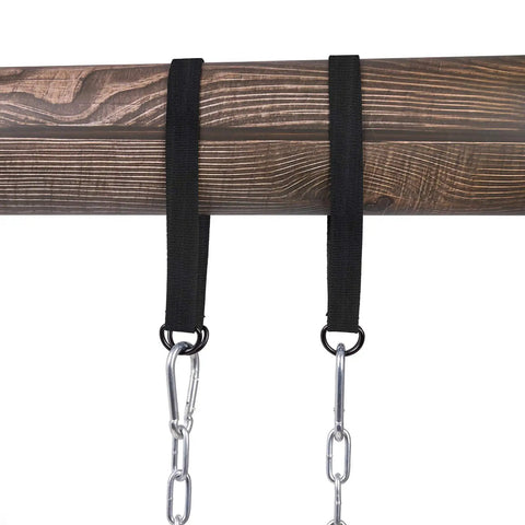 Heavy Duty Swing Seat With 66 Inch Chains For Outdoor Playground Use Includes Snap Hooks And Hanging Straps Supports Up To 440 Lb In Green Durable Weather Resistant Hardware Fits Backyard Setups. Image shows attachment straps and snap hooks on wooden beam.