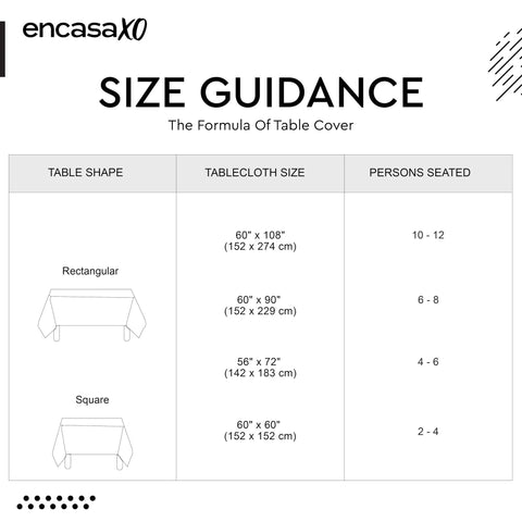 Size guidance chart for Top Tier Floral Block Print Cotton Tablecloth Yellow Rectangular Dining Cover Washable Farmhouse Kitchen Linen.