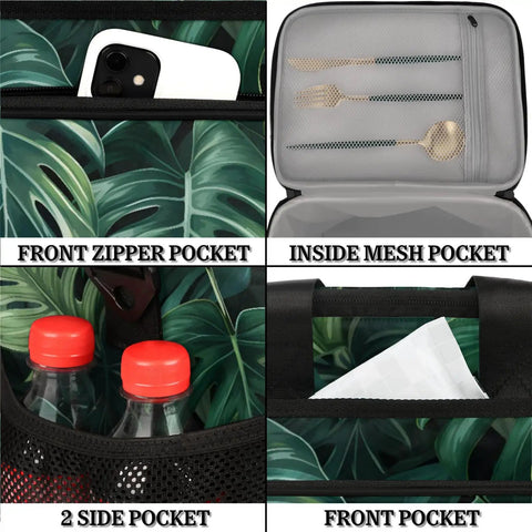 Green Palm Leaf Insulated Picnic Backpack Lunch Bag with pockets for phone, cutlery, and bottles, showing interior compartments.