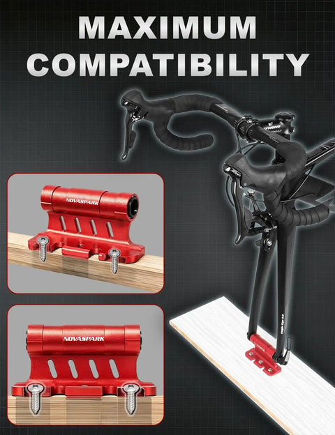 Truck Bed Bike Fork Mount With Four Adapters For 9x100mm QR 12x100mm 15x100mm And 15x110mm Boost Forks Fast Load Stable Grip Easy Install For Road Trips And Work Rigs red aluminum fork mount on wood board