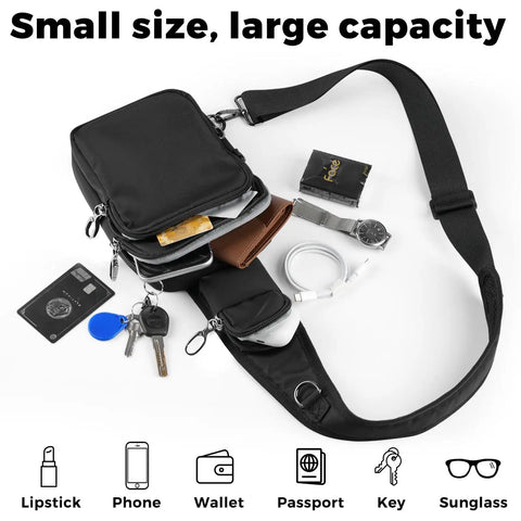 Sling Crossbody Bag with Zipper Lock And RFID Blocking Water Resistant Material Dual Anti Theft Design with contents displayed