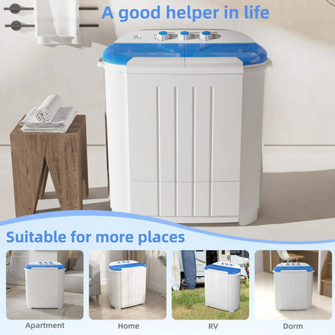 No Sweat Portable Twin Tub Washing Machine, Compact Laundry Washer And Spinner Combo For Apartments And Dorms displayed in a home setting.