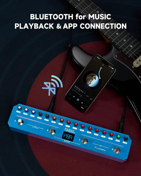 Intelligent Multi Effects Guitar Pedal With 52 Amp Models 16 Cab Simulations 7 Effect Modules And 9 IR Slots shown with Bluetooth app.