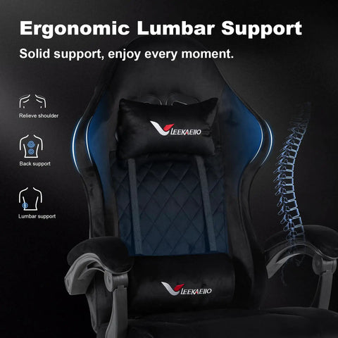Close-up of gaming chair with ergonomic lumbar support and headrest, part of Gaming Chair With Pocket Spring Cushion Extendable Footrest Swivel Recliner And Headrest Breathable Soft Flannel Fabric For All Day Comfy Sitting Ergonomic Lumbar Support Great For Home Office And Gaming Setup Black.