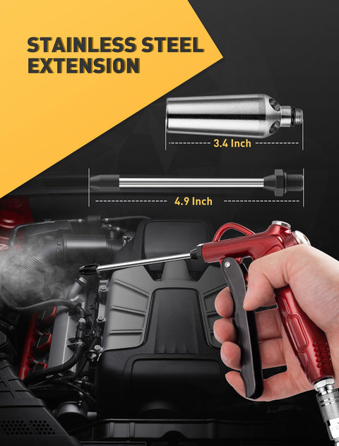High Volume Air Blow Gun With Powerful Flow Nozzle, retro red air blower gun with 4.9 inch stainless steel extension in use