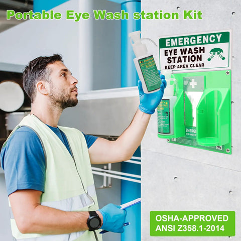 Man installing Portable Eyewash Station Emergency Eye Wash Kit With 16oz Bottles Wall Mounted OSHA Approved ANSI Z358.1-2014