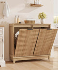Double Tilt Out Trash Can Cabinet With Odor Control and Built In Outlets Fluted Design Hidden 13 Gallon Bin in modern kitchen