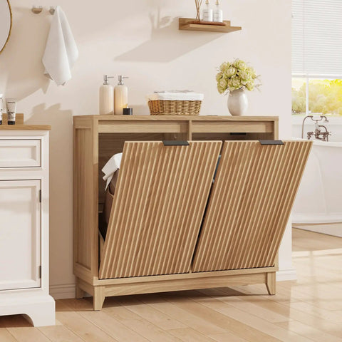 Double Tilt Out Trash Can Cabinet With Odor Control and Built In Outlets Fluted Design Hidden 13 Gallon Bin in modern kitchen
