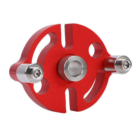 Self Centering Dowel Jig Kit With Solid Anodized Aluminum Block And Three Stainless Steel Bushings showing a red aluminum alignment tool.