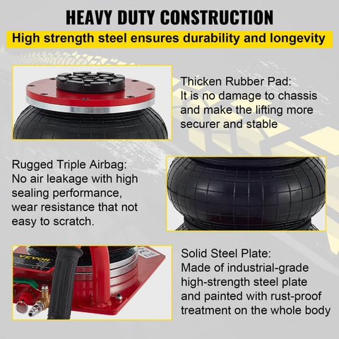 3 Ton Triple Bag Air Jack For Cars, Fast 5 Second Lift, 6600 Lbs Capacity, Lifts From 5.3 Inches To 15.75 Inches, Heavy Duty Pneumatic Car Lift With Short Handle, Red, showing high-strength steel construction, rubber pad, and triple airbags.
