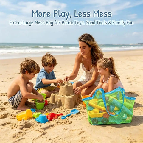 Family building sandcastles at the beach with XL Mesh Beach Bag Tote for Kids and Family Ultra Lightweight See Through Bag nearby.