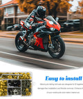 Top Shelf Aluminum Motorcycle Fairing Bolt Kit With Rock Solid Grip For M5 M6 Motorbike Windscreen Screws And Windshield Fasteners Built Damn Tough For Universal Sportbike Maintenance And Heavy Duty Cruising 177 Piece Set with gold bolts in a toolkit beside a red sports motorcycle.