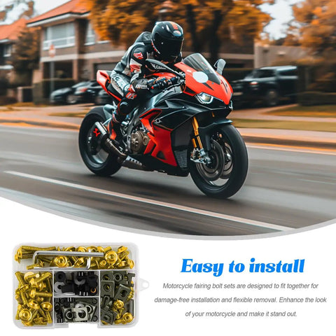 Top Shelf Aluminum Motorcycle Fairing Bolt Kit With Rock Solid Grip For M5 M6 Motorbike Windscreen Screws And Windshield Fasteners Built Damn Tough For Universal Sportbike Maintenance And Heavy Duty Cruising 177 Piece Set with gold bolts in a toolkit beside a red sports motorcycle.