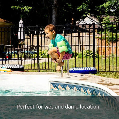 Child jumping into pool wearing swim safety gear, emphasizing wet and damp locations for Weather Resistant GFCI Outdoor Outlet use.