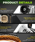 Close-up view of alternator features including slip pulley, copper winding, mounting holes, and plug design for 2003-2009 MDX SUVs.