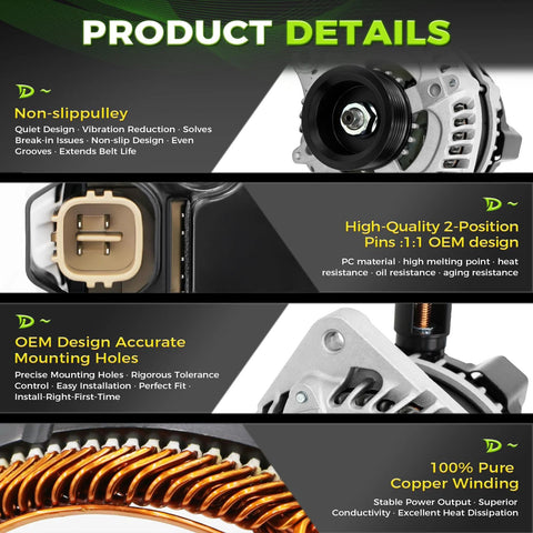 Close-up view of alternator features including slip pulley, copper winding, mounting holes, and plug design for 2003-2009 MDX SUVs.