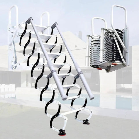 Rock Solid Electric Telescopic Ladder With Heavy Grip Handrails Wall Mounted Folding Attic Stairs in view, showcasing sleek design and functionality.