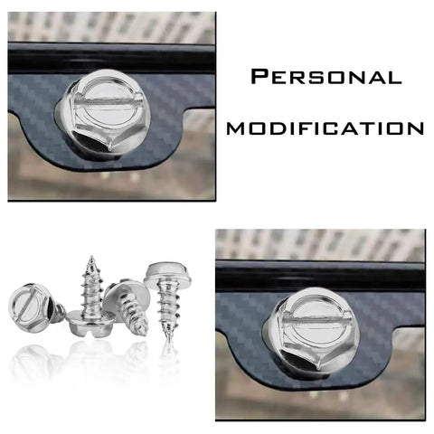 4 Piece 304 Stainless Steel License Plate Screw Kit With Slotted Bolts And Self Tapping Design For Secure Front Rear Car Truck Suv Mounting silver screws displayed on vehicle surface.