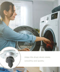 Woman using dryer with Drum Bearing Kit OEM Replacement Part For GE Dryers, showing rear drum support and smooth operation.