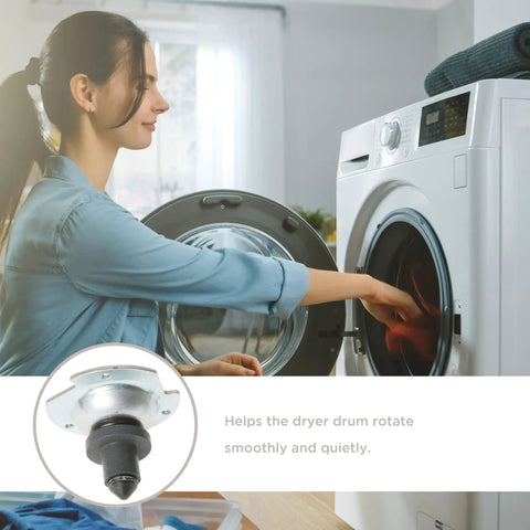 Woman using dryer with Drum Bearing Kit OEM Replacement Part For GE Dryers, showing rear drum support and smooth operation.