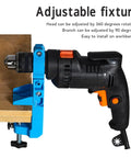 Premium Adjustable Bench Drill Stand Mount Featuring 360 Swivel Head, blue fixture holding electric drill on workbench.