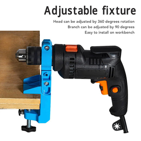 Premium Adjustable Bench Drill Stand Mount Featuring 360 Swivel Head, blue fixture holding electric drill on workbench.