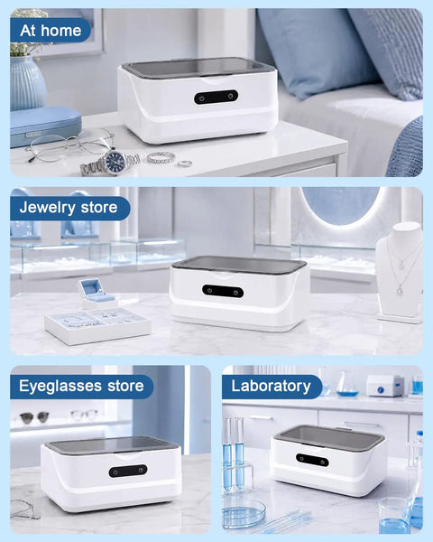 Top Shelf Professional 48KHz Ultrasonic Jewelry Cleaner Heavy Duty on a countertop with jewelry and eyeglasses for cleaning.