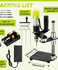 Electric Tapping Machine With Adjustable Tap Tool, Bench Vise, And Four Taps, A True Workhorse Tapping Tool For Metal Plastic Wood, Chuck Range 0.6mm To 6mm, Adjustable Angle, 100-200 RPM, 110V, shown with accessories and power adapter.