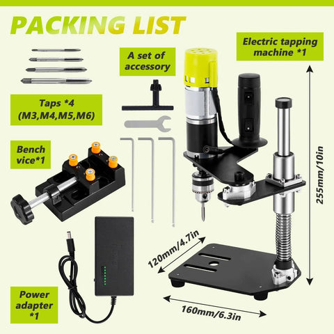 Electric Tapping Machine With Adjustable Tap Tool, Bench Vise, And Four Taps, A True Workhorse Tapping Tool For Metal Plastic Wood, Chuck Range 0.6mm To 6mm, Adjustable Angle, 100-200 RPM, 110V, shown with accessories and power adapter.
