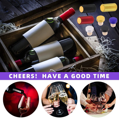 Pretty Legit Fifty Four Piece Wine Bottle Sealing Set Featuring Gold Black And Red Pvc Heat Shrink Capsules With Smooth Plastic Cork Stoppers For Homebrewers A Dead Simple Game Changer For Your Top Liquors in a rustic wooden crate with wine bottles.